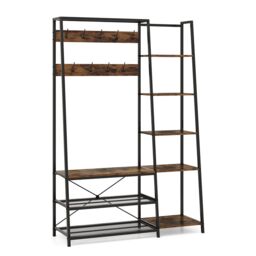 Costway Hall Tree with Storage Bench Industrial Coat Rack Shoe Bench with 9 Hooks in Brown - thumbnail 2