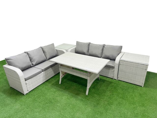 Fimous Outdoor Garden Furniture Sets 6 Seater Wicker Rattan Furniture Sofa Sets w/ Rectangular Dining Table high Back Lounge Sofa 2 Side Table Light - image 1