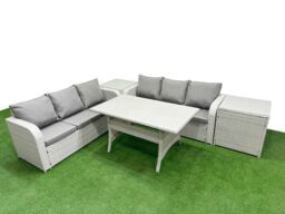 Fimous Outdoor Garden Furniture Sets 6 Seater Wicker Rattan Furniture Sofa Sets w/ Rectangular Dining Table high Back Lounge Sofa 2 Side Table Light - thumbnail 2