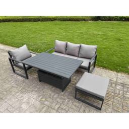 Fimous Aluminum 4 Piece Lounge Seating Set with Lifting Table & Big Footstool in Dark Grey - thumbnail 1
