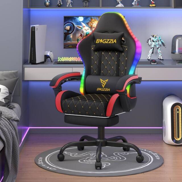 Gartistgo Gaming Chair with RGB Lights & Footrest, PU Leather in True Black - image 1