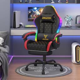 Gartistgo Gaming Chair with RGB Lights & Footrest, PU Leather in True Black