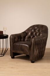 Orsina Grey Leather Classic Armchair, Walnut Quilted Back Wooden Chair, Chesterfield Button Tufted Armrest Chair - thumbnail 2