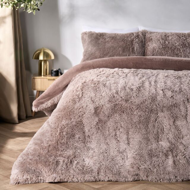 OHS Teddy Duvet Cover Set Bedding Soft Fleece Faux Fur Shaggy in Natural - Size: Single - image 1