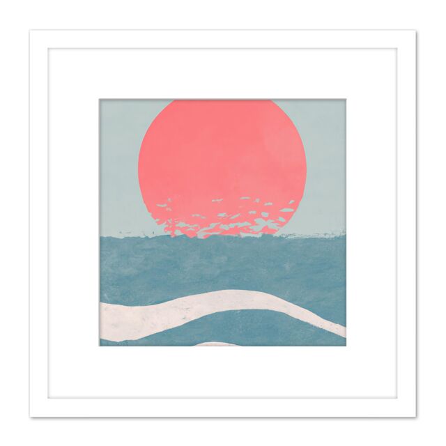 Artery8 Japan Inspired Ocean Sunset Sunrise Seascape Abstract Pastel Painting Square Wooden Framed Wall Art Print Picture 8X8 Inch in White - image 1