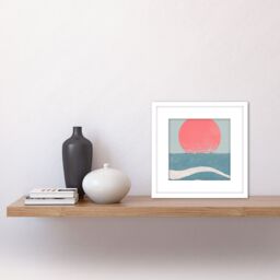 Artery8 Japan Inspired Ocean Sunset Sunrise Seascape Abstract Pastel Painting Square Wooden Framed Wall Art Print Picture 8X8 Inch in White - thumbnail 2