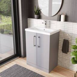 Balterley Modern Bathroom 2 Soft Close Door Vanity Basin Unit, Satin Grey, 600mm in Grey - thumbnail 4