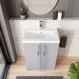 Balterley Modern Bathroom 2 Soft Close Door Vanity Basin Unit, Satin Grey, 600mm in Grey - thumbnail 3