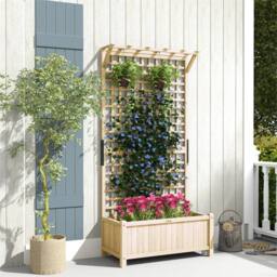 Nordara Natural Wooden Raised Bed Planter with Trellis & Drain Holes for Herbs in Beige - thumbnail 3