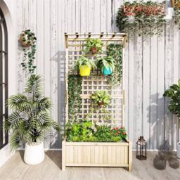 Nordara Natural Wooden Raised Bed Planter with Trellis & Drain Holes for Herbs in Beige - thumbnail 4