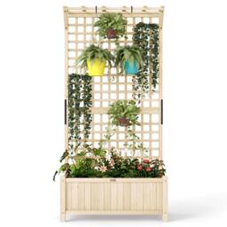 Nordara Natural Wooden Raised Bed Planter with Trellis & Drain Holes for Herbs in Beige