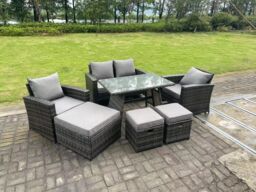 Fimous 7 Seater Dark Grey Mixed High Back Rattan Sofa Set Dining Table Garden Furniture Outdoor - thumbnail 2