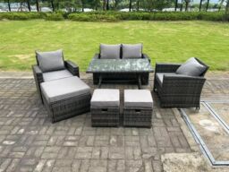 Fimous 7 Seater Dark Grey Mixed High Back Rattan Sofa Set Dining Table Garden Furniture Outdoor - thumbnail 1