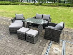 Fimous 7 Seater Dark Grey Mixed High Back Rattan Sofa Set Dining Table Garden Furniture Outdoor - thumbnail 3