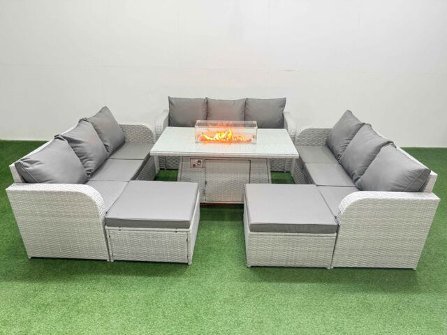 Fimous PE Rattan Lounge Sofa Set 11 Seater Outdoor Garden Furniture Set with Firepit Dining Table 3 Seater Sofa 2 Big Footstools Light Grey - image 1