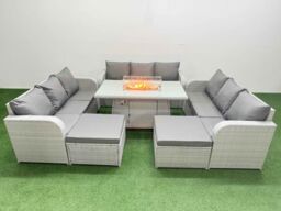 Fimous PE Rattan Lounge Sofa Set 11 Seater Outdoor Garden Furniture Set with Firepit Dining Table 3 Seater Sofa 2 Big Footstools Light Grey - thumbnail 1