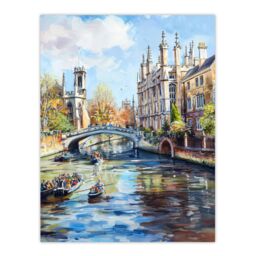 "Artery8 Cambridge Canal Boats Painting England Summer Wall Art Print - Size: W24"" x H32""" - thumbnail 1
