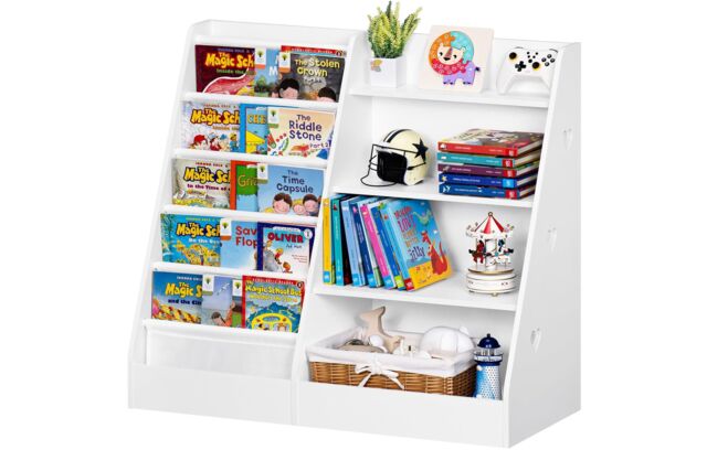 Xample 4 Tier Wooden Kids Bookshelf Book Storage Organizer with 5 Pockets in White - image 1