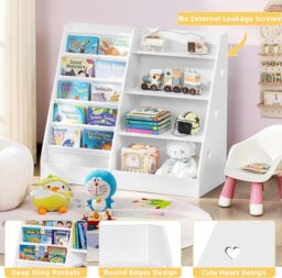 Xample 4 Tier Wooden Kids Bookshelf Book Storage Organizer with 5 Pockets in White - thumbnail 4