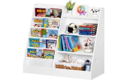 Xample 4 Tier Wooden Kids Bookshelf Book Storage Organizer with 5 Pockets in White - thumbnail 1