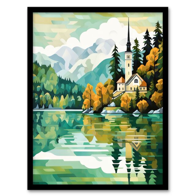 Artery8 Lake Bled Artwork Orange Green 17th Century Church On Slovenia Island Reflecting On Turquoise Water Art Print Framed Poster Wall Decor - image 1