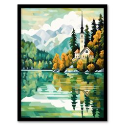 Artery8 Lake Bled Artwork Orange Green 17th Century Church On Slovenia Island Reflecting On Turquoise Water Art Print Framed Poster Wall Decor - thumbnail 1
