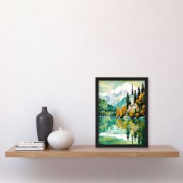 Artery8 Lake Bled Artwork Orange Green 17th Century Church On Slovenia Island Reflecting On Turquoise Water Art Print Framed Poster Wall Decor - thumbnail 4