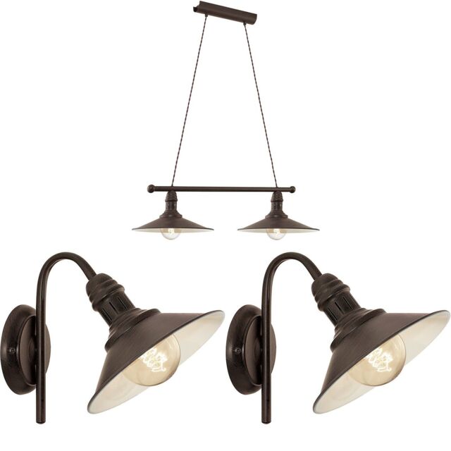 Loops Ceiling Pendant Light & 2x Matching Wall Lights Antique Metal Shade Vintage - image 1