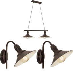 Loops Ceiling Pendant Light & 2x Matching Wall Lights Antique Metal Shade Vintage - thumbnail 1