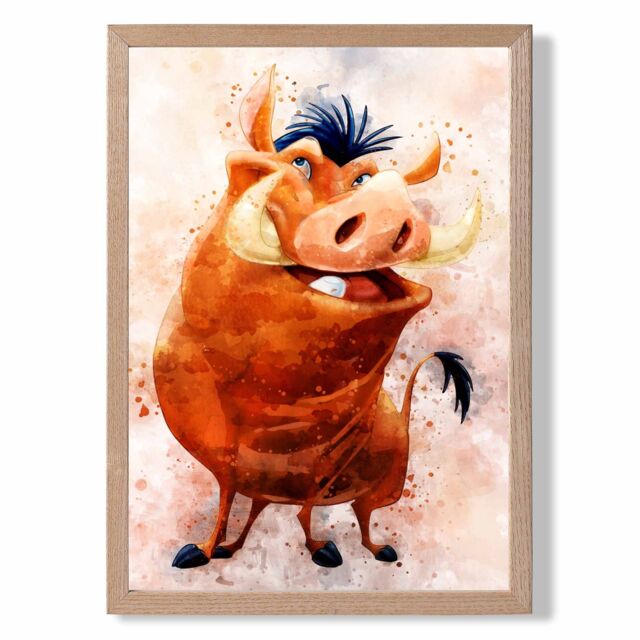 ARTZE Pumba Watercolour Lion King Framed Print SIZE: A4 with Oak Frame in Brown - image 1
