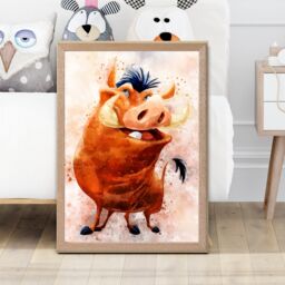 ARTZE Pumba Watercolour Lion King Framed Print SIZE: A4 with Oak Frame in Brown - thumbnail 2