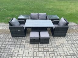 Fimous 6 Seater Rattan Outdoor Furniture Garden Dining Set Patio Height Adjustable Rising lifting Table Love Sofa Chair in Dark Grey - thumbnail 2
