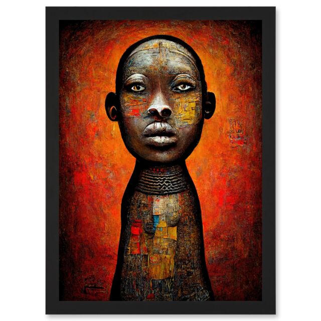 Artery8 Modern African Oil Ceremonial Statue Artwork Framed Wall Art Print A4 in Black - image 1