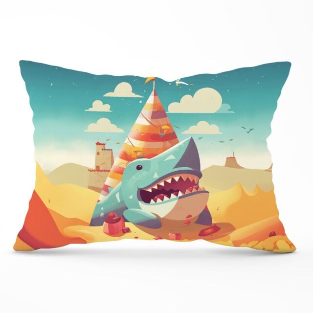 Warren Reed - Designer Shark On A Beach Holiday Cushions in Yellow - Size: 45 cm x 45 cm - image 1