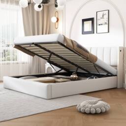 BTM White 6ft Super King LED Bed with Hydraulic Storage & USB Charging - thumbnail 6