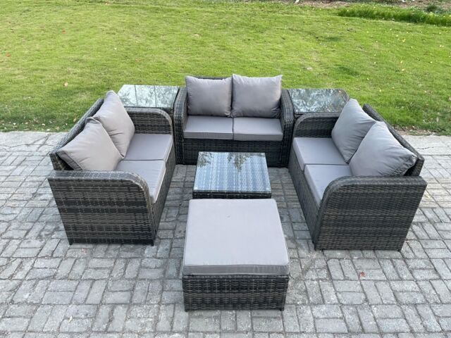 Fimous Outdoor Garden Furniture Sets 7 Seater Wicker Rattan Furniture Sofa Sets with Square Coffee Table Love seat Sofa Big Footstool in Dark Grey - image 1
