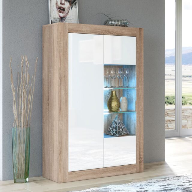 Creative Furniture Arcadia Display Cabinet 140cm - A Compact & Sleek Cabinet with Glass Shelves & LED Lights in Light Oak - image 1