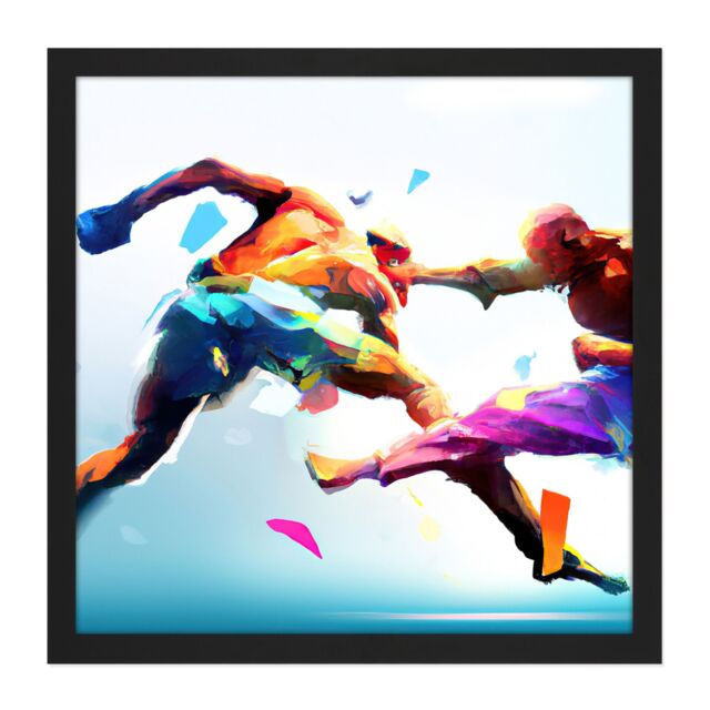 "Artery8 Wall Art Print Cage Fighting Kickboxing Martial Arts Action Painting Square Framed Picture 16X16 Inch in Black - Size: W16"" x H16""" - image 1