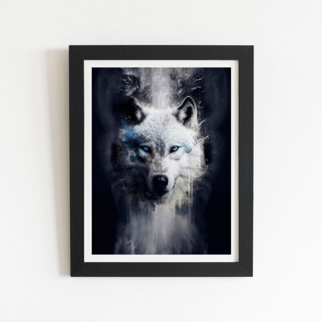 "Warren Reed - Designer White Wolf Face Splashart Dark Backgrouns Framed Art Print in Black - Size: W8"" x H10""" - image 1