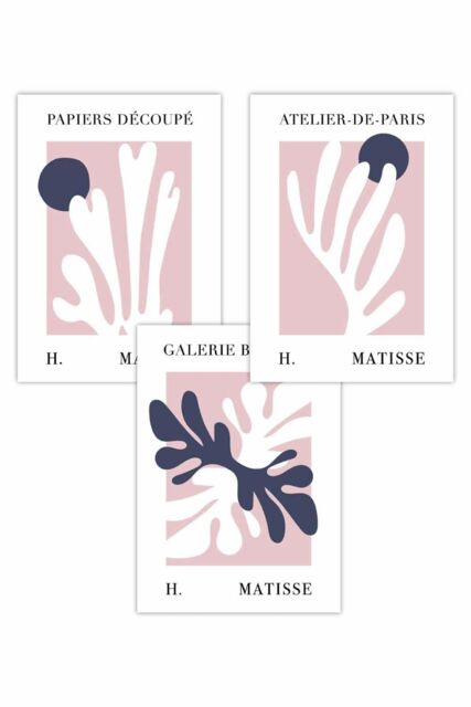 ARTZE Set of 3 Matisse Floral Cut Out Style in Blue & Pink Art Posters in Dusty Pink - Size: W50 cm x H70 cm - image 1