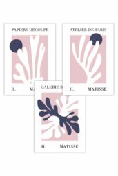 ARTZE Set of 3 Matisse Floral Cut Out Style in Blue & Pink Art Posters in Dusty Pink - Size: W50 cm x H70 cm - thumbnail 1