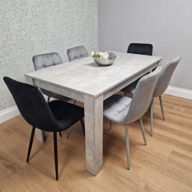 KOSY KOALA Stone Grey Effect Wood Dining Table Set With 6 Mixed Velvet Chairs Dining Room Furniture in Brown - image 1
