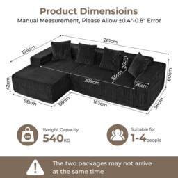 Dprodo 261CM Modular Left L-Shaped Sectional Sofa, 4 Seater Corner Sofa in Black - thumbnail 3