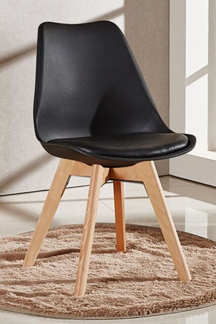 Life Interiors Single 'Tulip Dining Chair' Leather Padded Seat Solid Wood Legs in Black - image 1