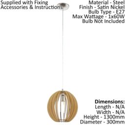 Loops Pendant Ceiling Light Colour Satin Nickel Shade Maple Wood Small Bulb E27 1x60W in Metallics - thumbnail 2