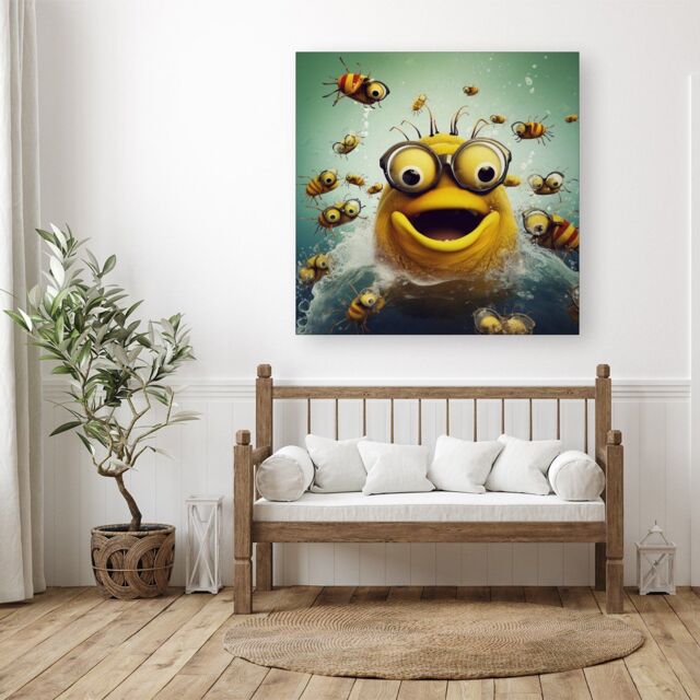 "Warren Reed - Designer Happy Worm & Bees Splashart Canvas in Yellow - Size: W30"" x H30""" - image 1