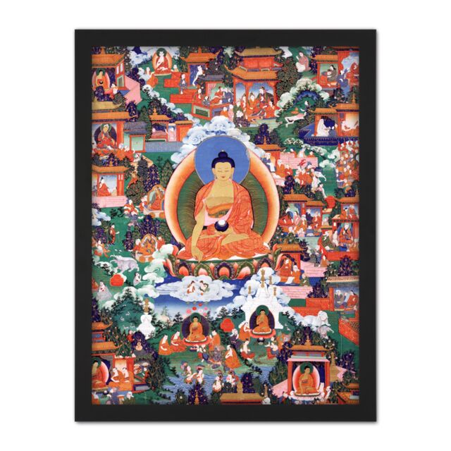 "Artery8 Wall Art Print Shakyamuni Buddha Avadana Legend Painting Royal Historic Large Framed Wall Décor Art in White - Size: W18"" x H24""" - image 1