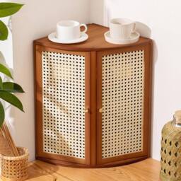 Kelvenix Plastic rattan reticulated door Wooden Bamboo Corner Cabinet Kitchen in Brown - thumbnail 3