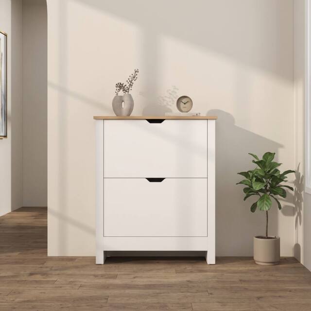 STILVORA Shoe Cabinet with 2 Flip Drawers & Oak Tone Finish in White - image 1