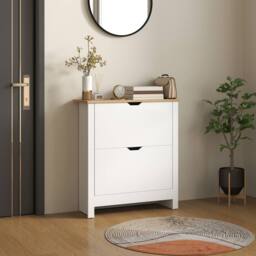 STILVORA Shoe Cabinet with 2 Flip Drawers & Oak Tone Finish in White - thumbnail 3